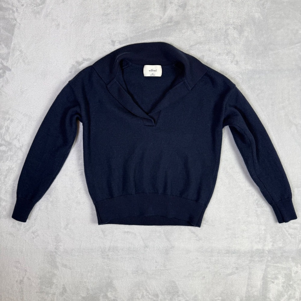 Wilfred Sweater Women 2XS Navy Blue Merino Wool Polo Collar V-Neck